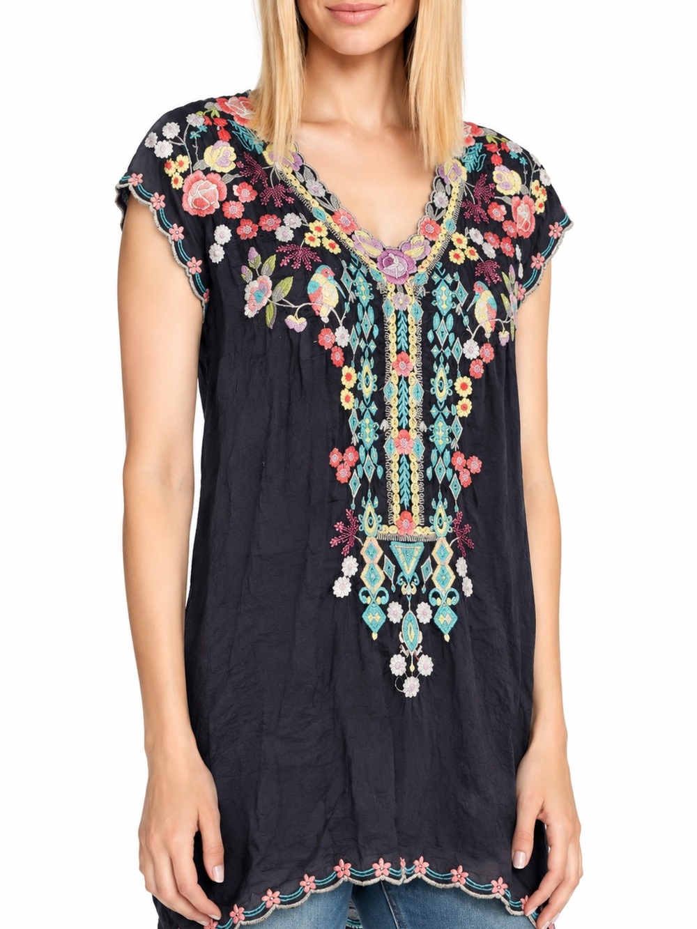 Johnny Was Navy Floral Embroidered V-Neck Tunic Top size medium